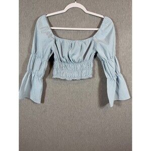 Lulus Women's Blue White Gingham Smocked Cropped Bell Sleeve Off Shoulder Top XS